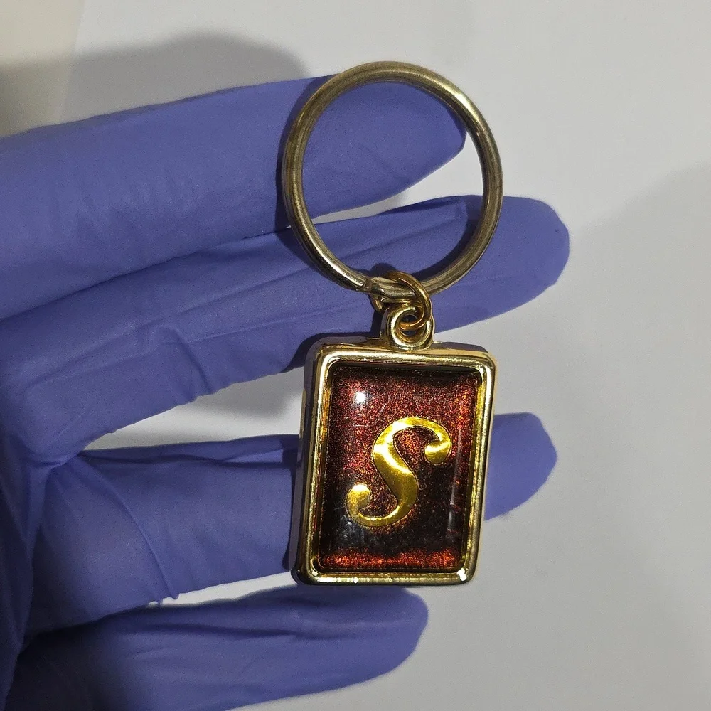 Gold Tone Rectangular Keychain with Initial 